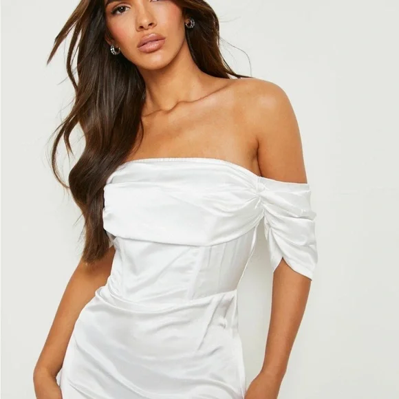 NWT! Boohoo Satin Corset Drape Bardot Midaxi Dress - Picture 4 of 7